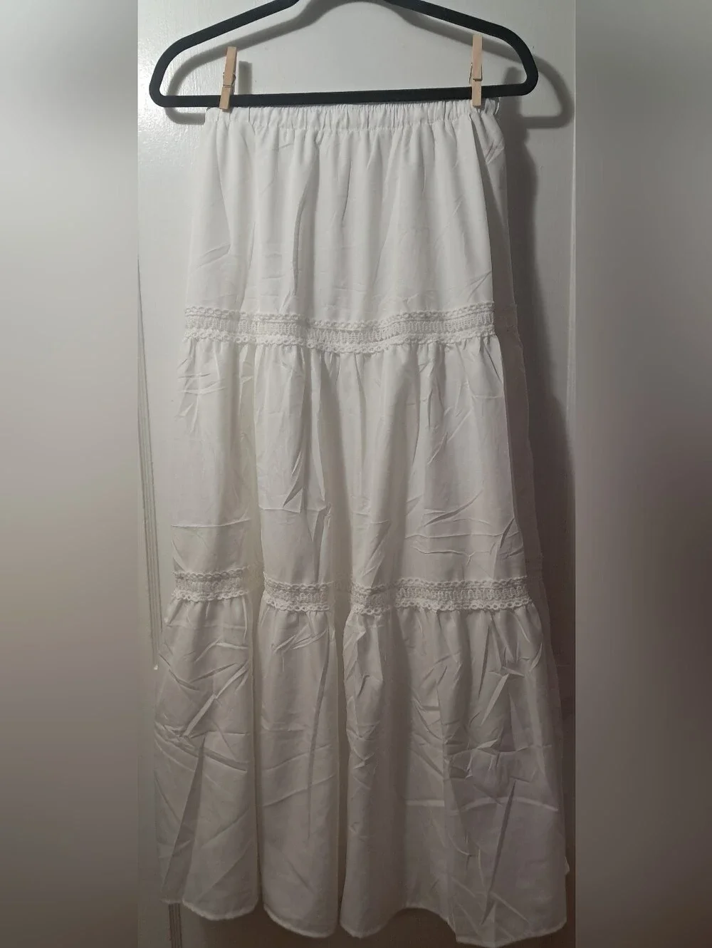 White Drawstring Waist Tiered Midi/Maxi Skirt With Lace & Beaded Details - Picture 5 of 5